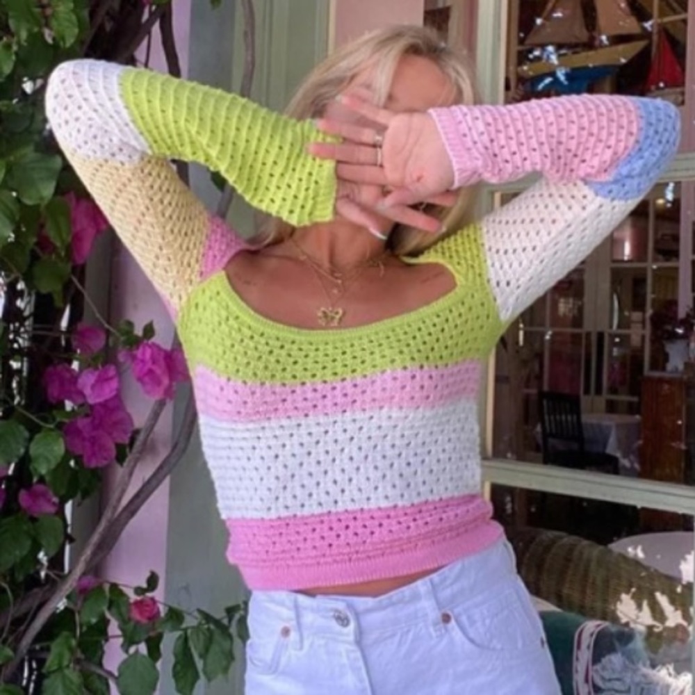 Springtime Knitted Patchwork Long Sleeve Crop Top - image 2